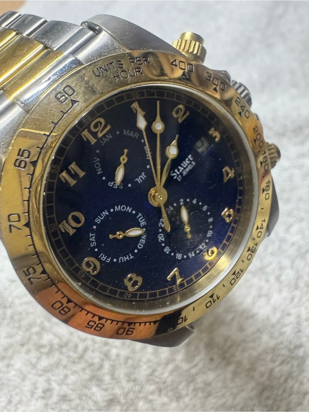 Stauer automatic Men's Two-Tone Gold & Blue Chronograph Watch